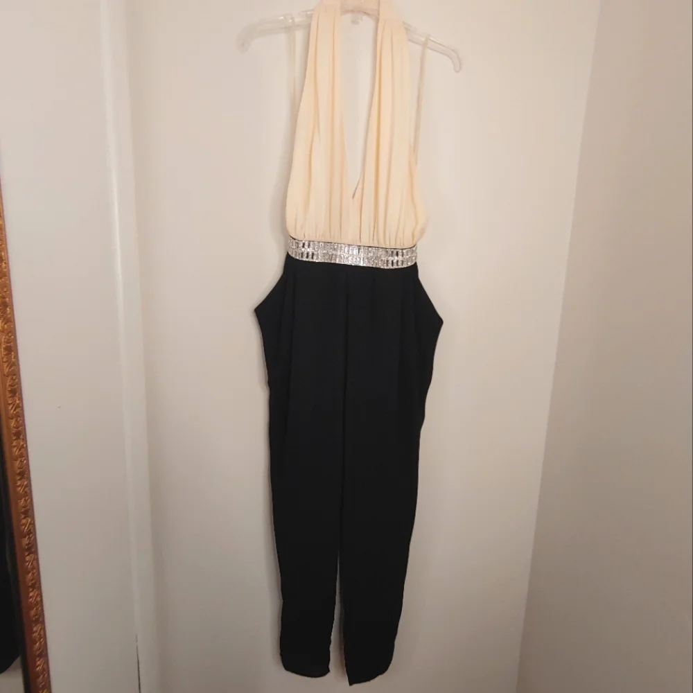 Line Up Y2k black & cream rhinestone halter jumpsuit. Size L - Picture 2 of 14